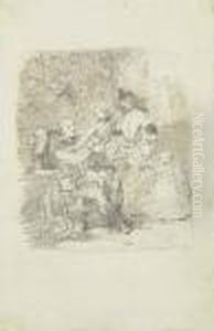 Group Of 4 Drawings For Gil Blas by Eugene Louis Lami