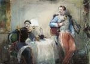 Un Officier Assis A Une Table Pres D'un Hussard Debout Tenant Unverre De Vin by Eugene Louis Lami