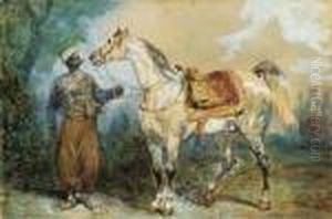 Mameluck Tenant Un Cheval Harnache De Profil A Gauche by Eugene Louis Lami