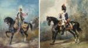Un Officier Hussard A Cheval, 
Pointant Vers La Droite; Et Un Dragona Cheval, Tourne Vers La Gauche
