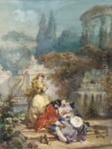 Les Amants Surpris: Deux Amants
Assis Sur Une Marche Dans Un Jardinobserves Par Une Femme Portant Un
Masque; Lemoisne No. 1245. by Eugene Louis Lami