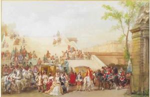 Louis Xiv Et Sa Cour Montant L'escalier Des 100 Marches A Versailles by Eugene Louis Lami
