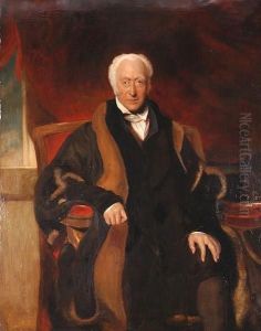 Richard Clark, Seated 
Three-quarter Length, Wearing A Fur Trimmed Black Robe, Before A Scarlet
 Curtain