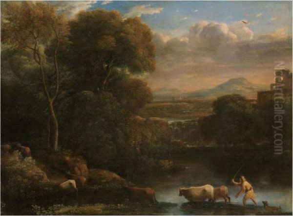 An Italianate Landscape With A
Drover And His Dog Driving His Cattle Across A Ford, A Waterfall Beyond - view 1