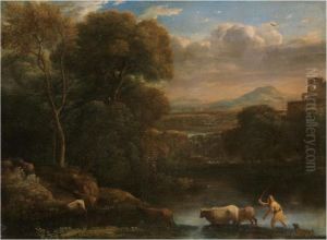 An Italianate Landscape With A 
Drover And His Dog Driving His Cattle Across A Ford, A Waterfall Beyond