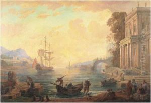 Scene De Port Au Soleil Couchant