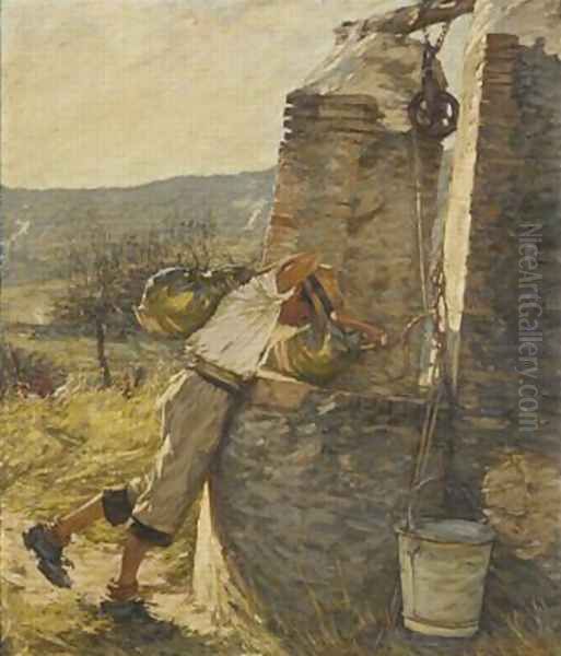 Boy Filling Water Jars at Well - view 1