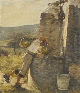 Boy Filling Water Jars at Well