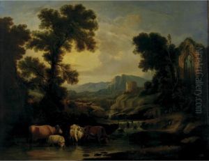 Landscape With Watering Cows And The Ruins Of A Castle In A Distance Landscape With Watering Cows And The Ruins Of A Castle In A Distance