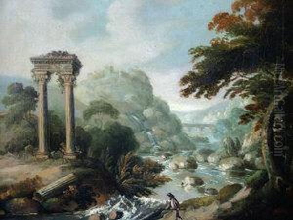 Italianate River Landcsape With A Fisherman By A Ruined Temple - view 1