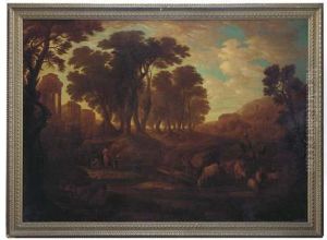 An Extensive Wooded Landscape With Figures And Cattle On A Track, Classical Ruins Beyond by Claude Lorrain (Claude Gellee)