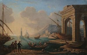 A Seaport With Figures Conversing In The Foreground