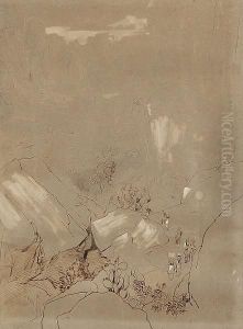 Figures On A Mountain Pass, Possibly Corsica by Edward Lear