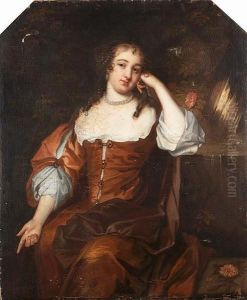 Portrait Of A Lady, 
Three-quarter-length, In A Brown And White Dress With A Maroon Wrap 
Seated Before A Fountain