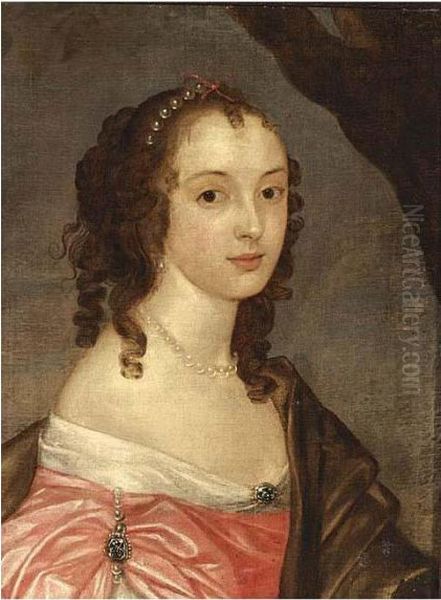 A Portrait Of A Lady, Bust 
Lenght, Wearing A Pink Satin Dress, Pearl Jewellery And A Brown Shawl 
Draped Around Her - view 1