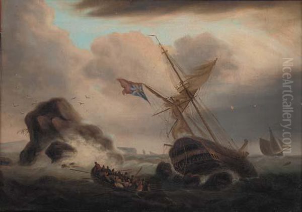 A Ship Foundering Off A Rocky
Coastline With Survivors In A Rowing Boat Heading For Shore - view 1