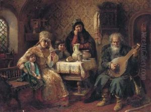 Russian Interior With A Bandura Player