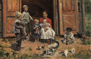Mother And Children On The Farm by Vladimir Egorovic Makovsky