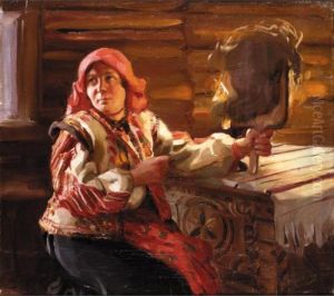 Peasant Woman Spinning By Candlelight
