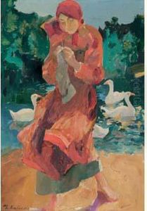 Jeune Paysanne Devant La Mare Aux Oies by Philippe Andreevitch Maliavine