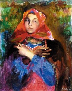 Russian Beauty With Beads And Scarf by Philippe Andreevitch Maliavine