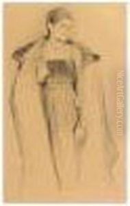 Two Drawings: Young Girl With Fur-trimmed Cloak And Mother And Child