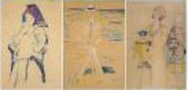 A Group Of Four Drawings, 
Comprising The Tea-drinkers, King Gustav V Of Sweden, Young Russian 
Peasant With Blue Headscarf And Portrait Of A Peasant Woman In Profile - view 1
