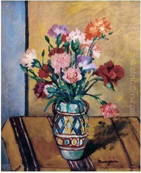 Vase D'oeillets A La Nappe Jaune - view 1