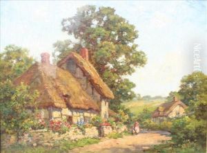 'near Dorking,surrey' - Figures Outside Thatched Cottages