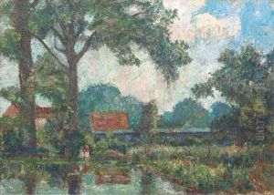 Two Children By A Lake In A Farmyard by Thomas E. Mostyn