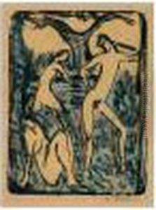 Zwei Madchen Und Stehender Jungling (two Girls And A Standing Boy) by Otto Mueller