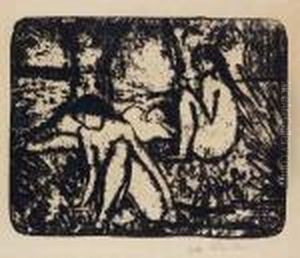 Zwei Sitzende Madchen Vor Liegender Figur (karsch 64) by Otto Mueller