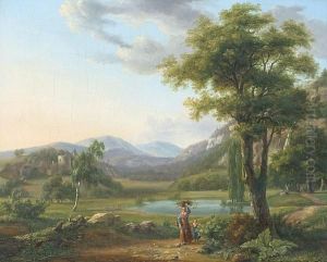 Woman And Child Carrying Firewood In A Romantic Landscape