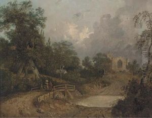 Figures On A Bridge, With A Church Beyond Figures On A Bridge, With A Church Beyond