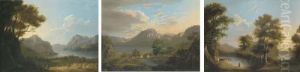 An Extensive Highland Landscape
With Figures On A Path In The Foreground; An Extensive Highland
Landscape With Cottages In The Foreground; And Cattle Watering In A
Highland Landscape by Alexander Nasmyth
