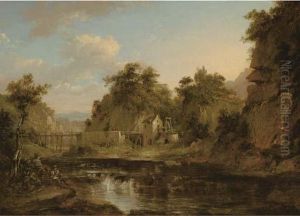 A River Landscape With A Watermill And An Aquaduct, An Artistsketching In The Foreground