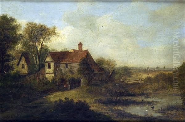 Thefarm Pond, A Wooded Rural Scene With Figure And Ducks - view 1