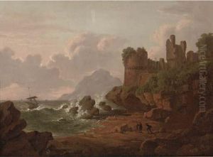 Figures In A Rocky Cove Before A Ruined Castle by Patrick, Peter Nasmyth