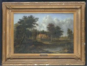 An Angler By A House In A Wooded River Landscape