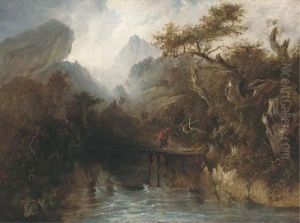 A Figure Crossing A Gorge With An Approaching Storm Beyond
