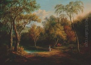 Encampment By A Woodland Pool With Figures And A Donkey