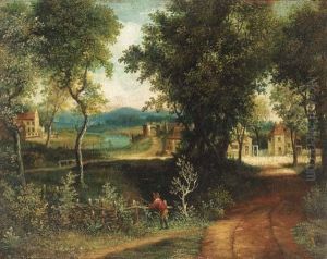 An Angler In A Wooded Landscape With A Village Beyond An Angler In A Wooded Landscape With A Village Beyond