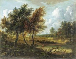 Figure In A Rowing Boat Before A Cottage In A Wooded Landscape