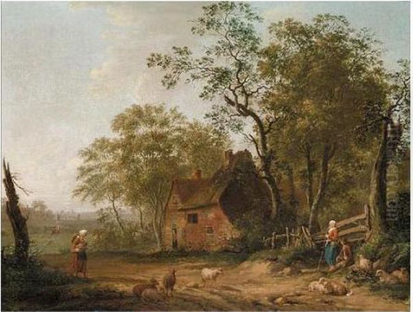Figures And Sheep Outside A Country Cottage - view 1