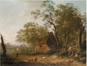 Figures And Sheep Outside A Country Cottage