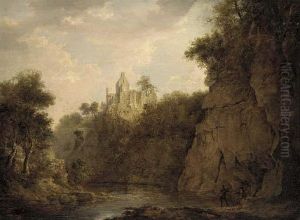Anglers On The Bank Of A River Gorge, Rosslyn Castle Beyond