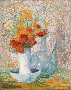 Still Life With Pitcher And Vase Of Flowers by Hippolyte Petitjean