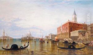 Gondolas On The Grand Canal In Front Of The Doge's Palace, Venice by Alfred Pollentine
