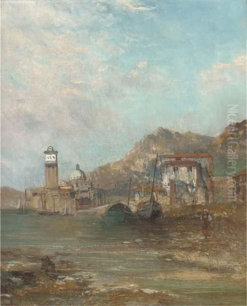 Figure And Boats At A Harbour Mouth With A Church Beyond - view 1