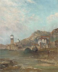 Figure And Boats At A Harbour Mouth With A Church Beyond